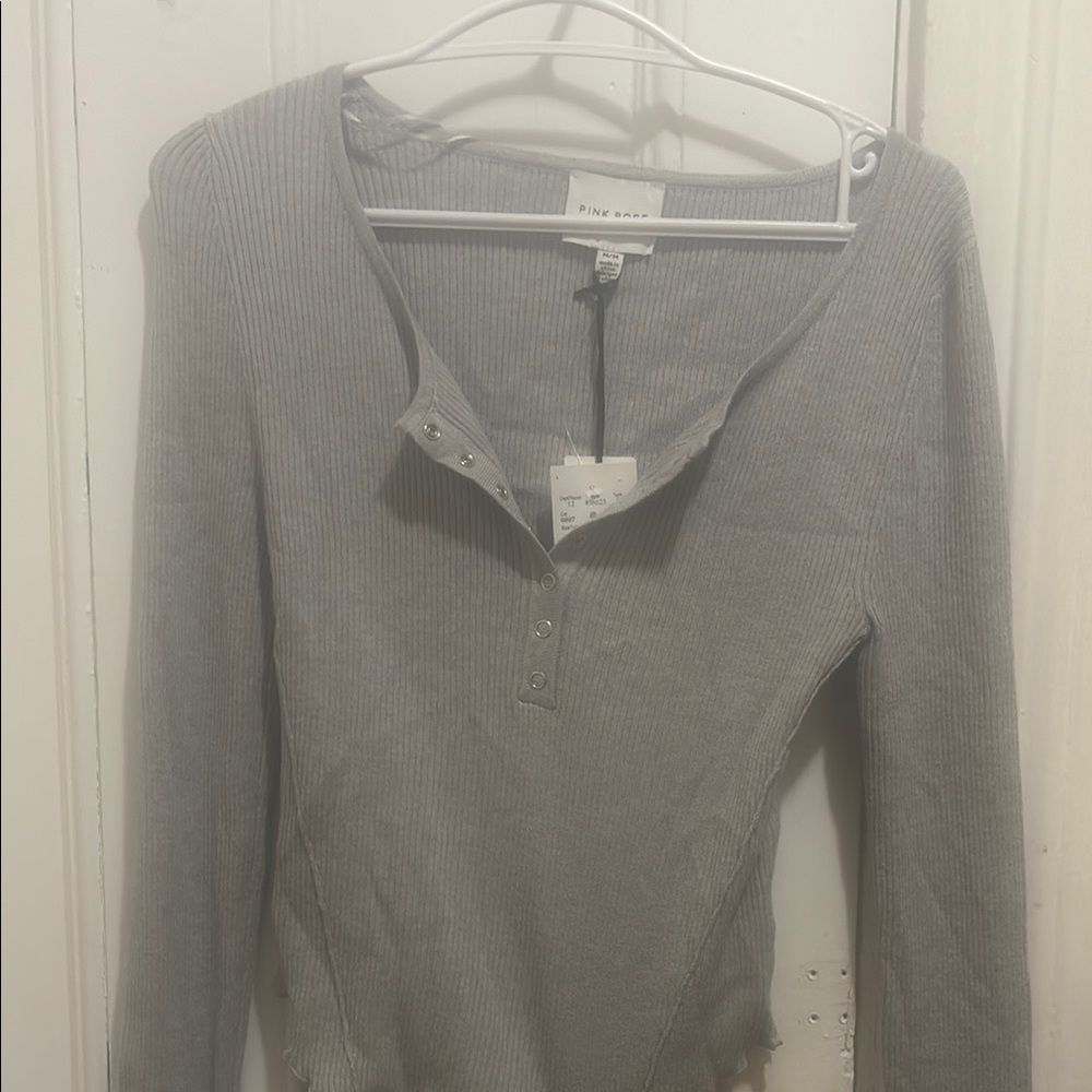 Pink Rose Gray Ribbed Top